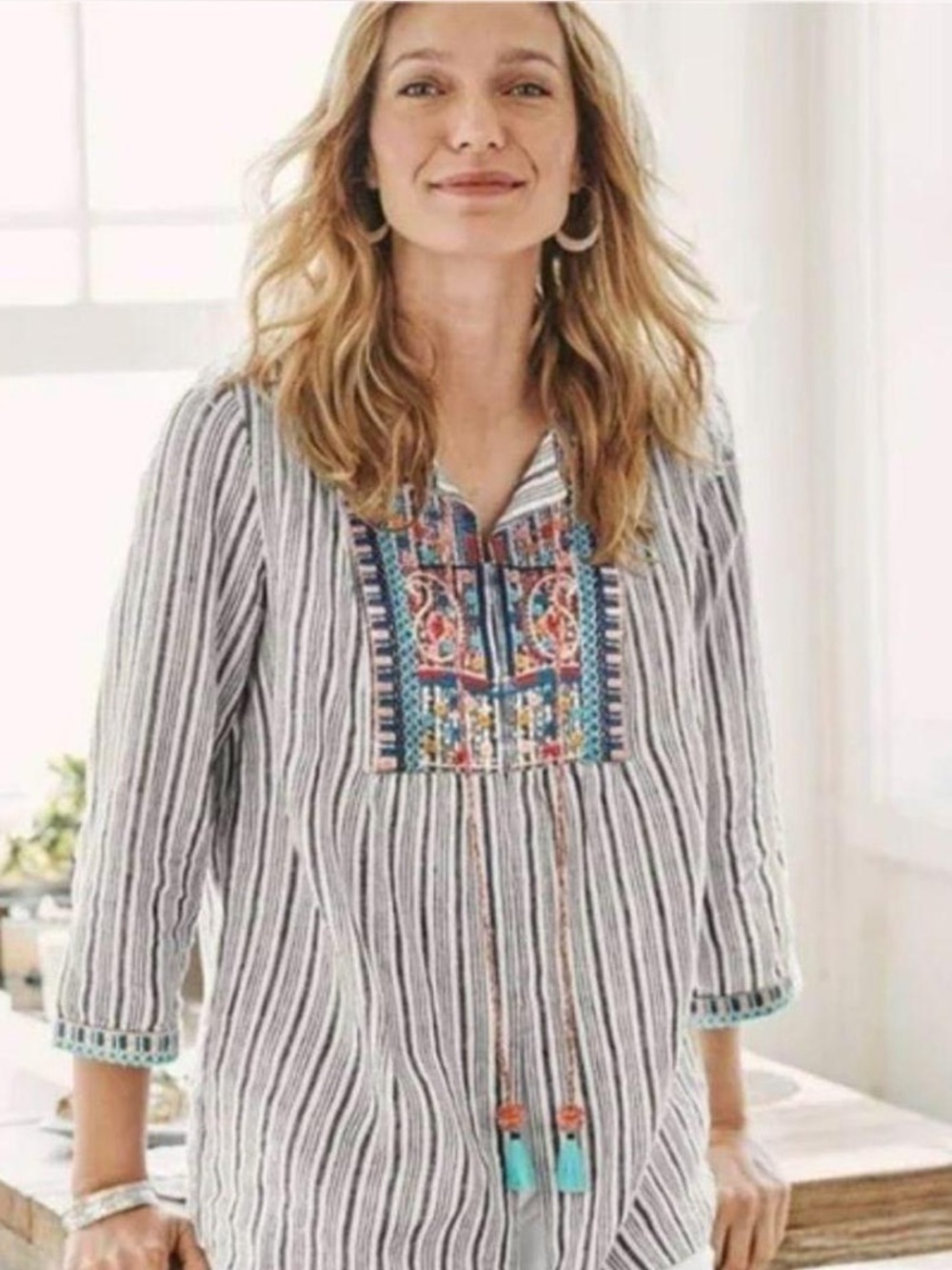NWT J Jill Love Linen White & Black Striped Tunic  Embroidered Boho Top SZ L